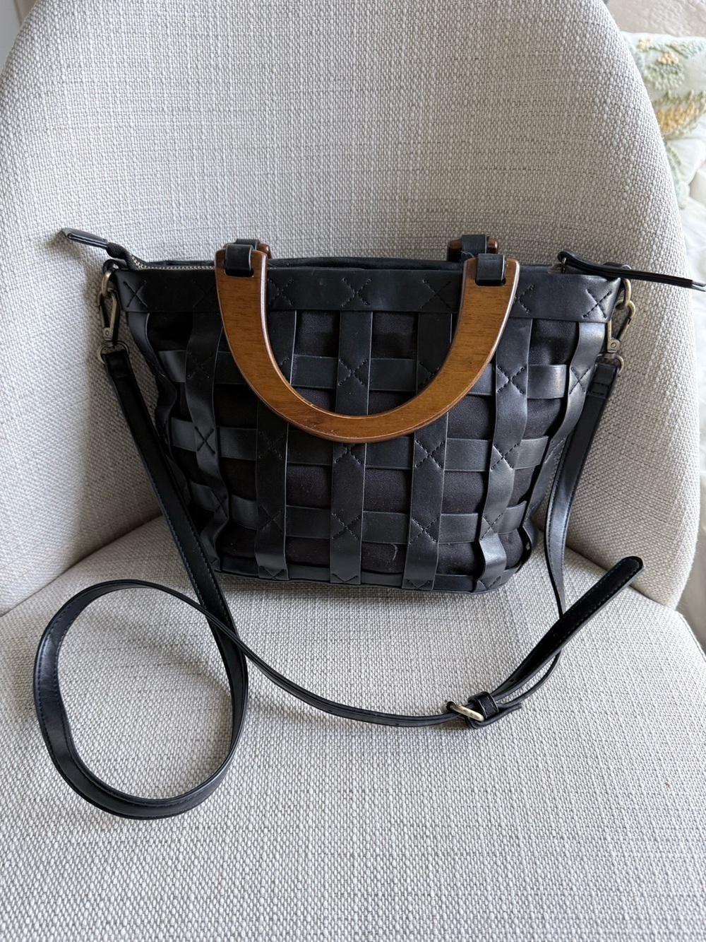Anthropologie  Woven Tote with Wooden Handle